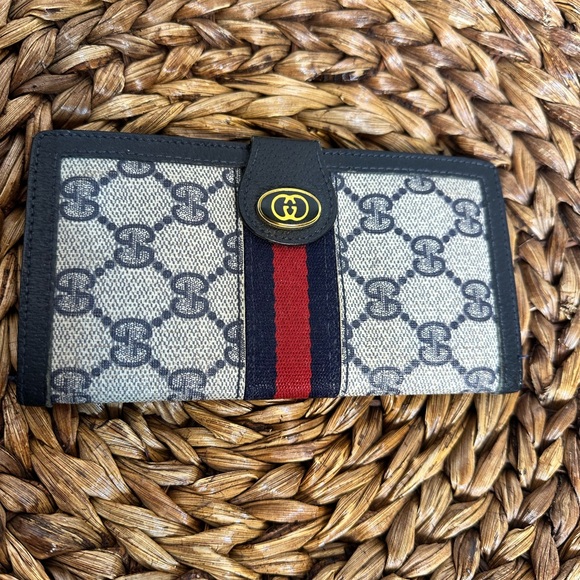 Gucci stripe checkbook wallet navy red signature print - Picture 1 of 7